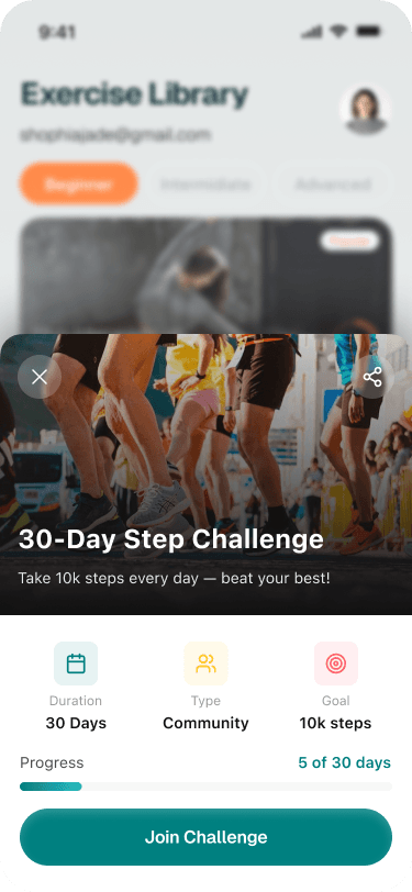 30-day step challenge detail showing community type, 10k steps goal, and progress