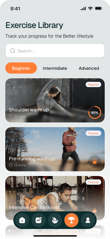Exercise library showing beginner workouts like shoulder warm up and pre-running warm up